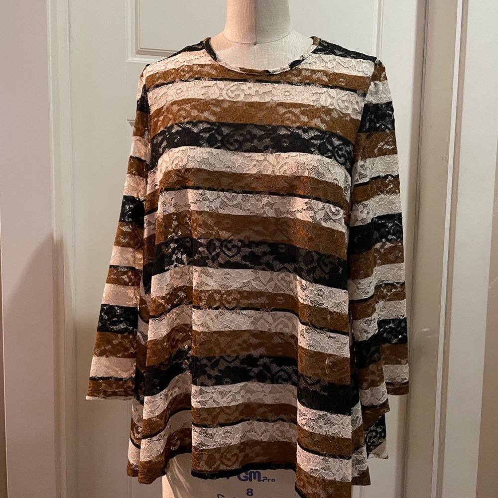 Women's Striped Lace Long-Sleeve Top in Brown, Black & Cream